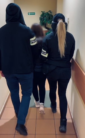 Podejrzana osoba prowadzona jest przez dwoje policjantów